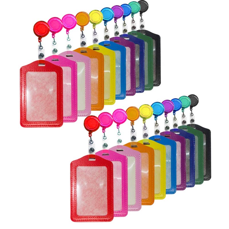 CREATIEE-PRO 20Pcs PU Leather Business ID Credit Card Badge Holder with Retractable Badge Holder Reel Clip (Vertical Version, Mixed Colors) - Image 1
